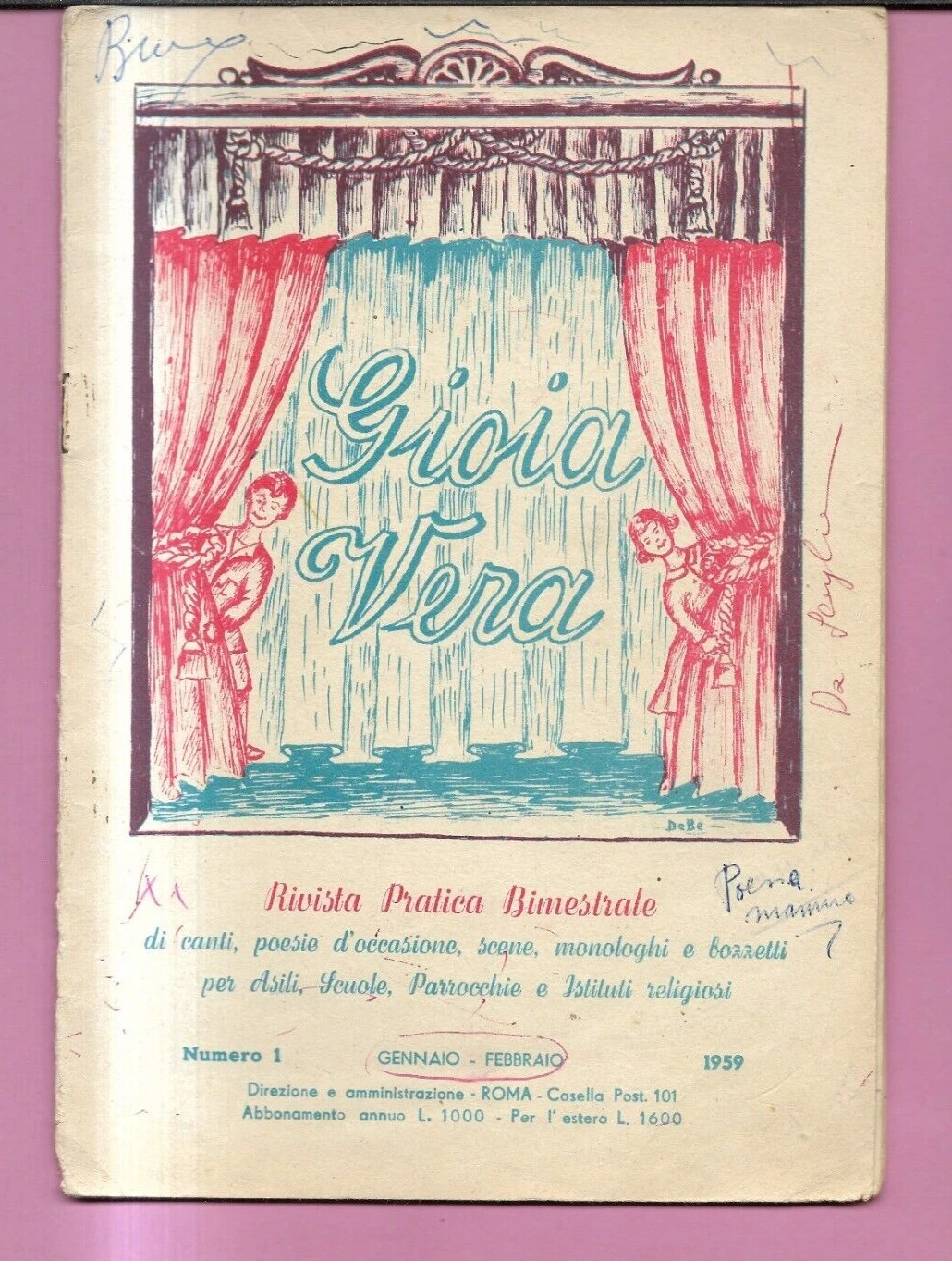 GIOIA VERA N. 1 ANNO 1959 CANTI, POESIE , SCENE, SCUOLA PARROCCHIE ASILI BAMBINI